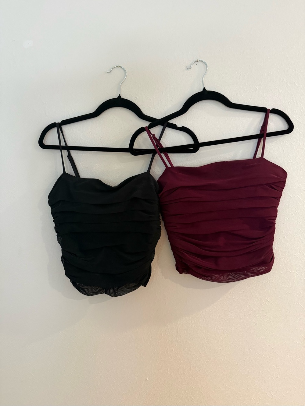 Express Body Contour Ruched Mesh Cami Tops Set of 2 Black Burgundy M
